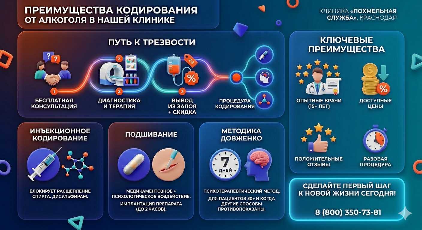 Инфографика о методах кодирования от алкоголя во Владикавказе: инъекции, подшивание, метод Довженко. Преимущества клиники и этапы лечения.