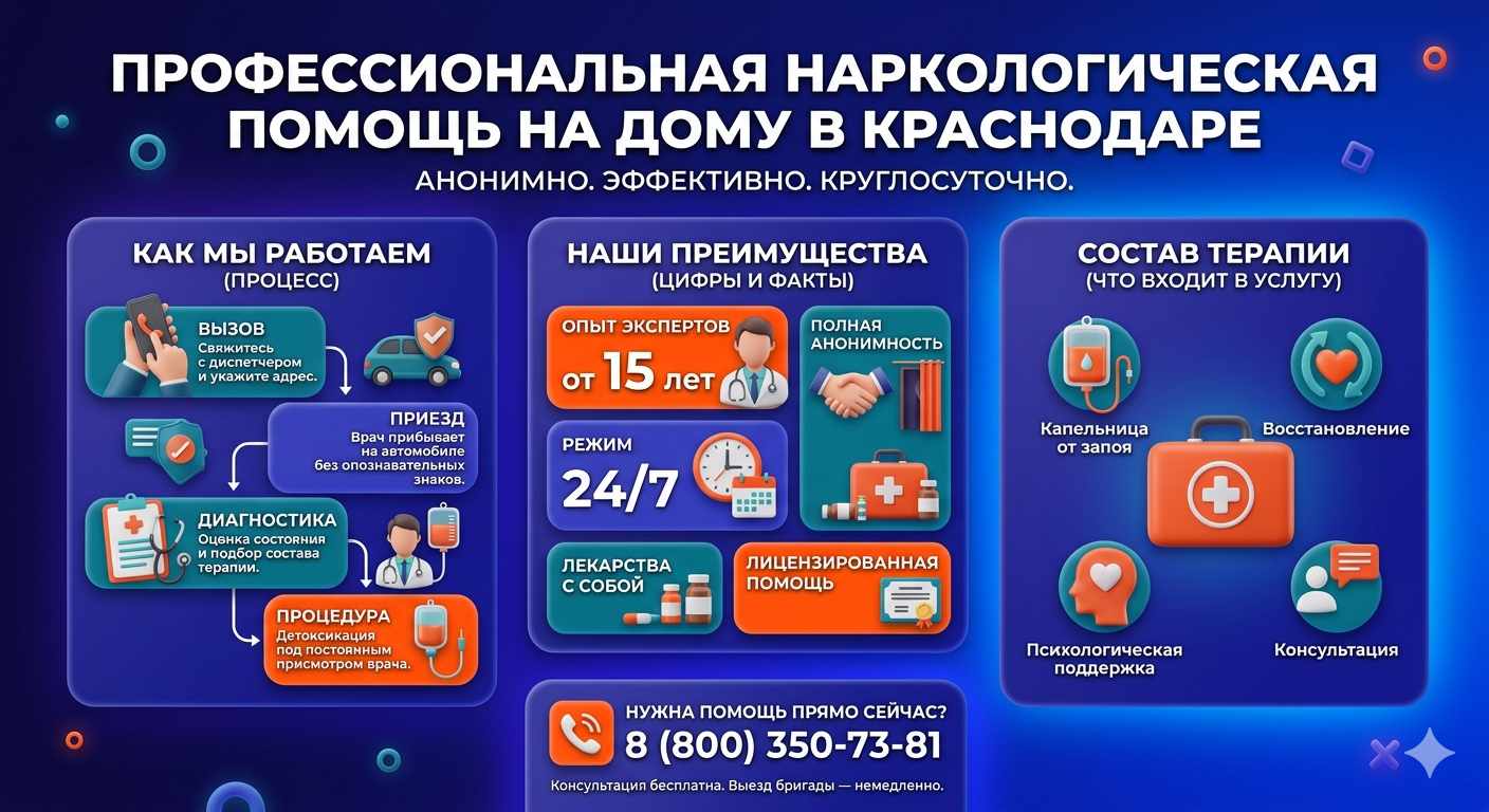 Инфографика о принципах лечения алкоголизма на дому во Владикавказе: этапы вызова нарколога, преимущества анонимной детоксикации и состав медицинской помощи.